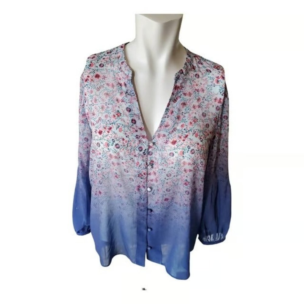 Ecru Blue Light, Airy Boho Floral Chiffon Poet Sleeve Ombre Blouse/Top XS/S
